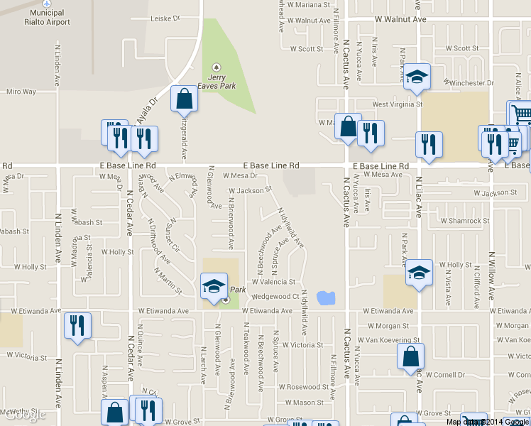 map of restaurants, bars, coffee shops, grocery stores, and more near 926 West Wabash Street in Rialto