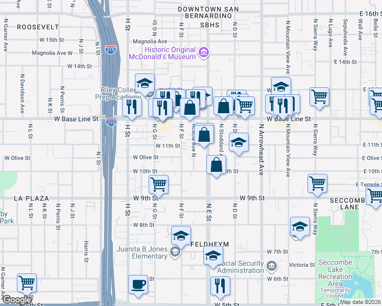 map of restaurants, bars, coffee shops, grocery stores, and more near 1066 Acacia Avenue North in San Bernardino
