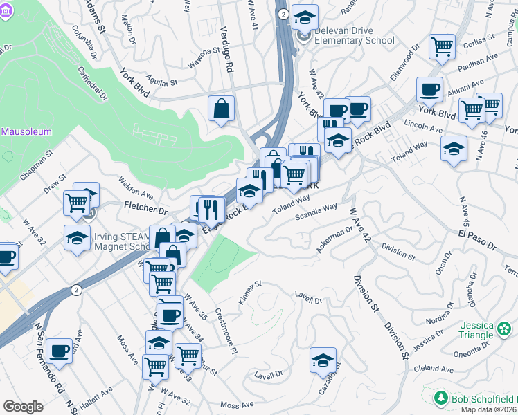 map of restaurants, bars, coffee shops, grocery stores, and more near 3912 Eagle Rock Boulevard in Los Angeles