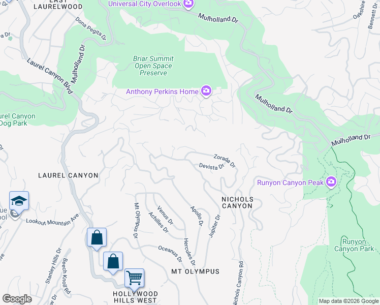 map of restaurants, bars, coffee shops, grocery stores, and more near 2678 Zorada Drive in Los Angeles