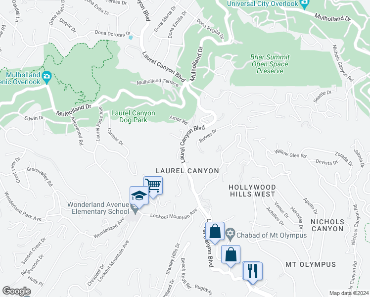 map of restaurants, bars, coffee shops, grocery stores, and more near 2634 Laurel Canyon Boulevard in Los Angeles