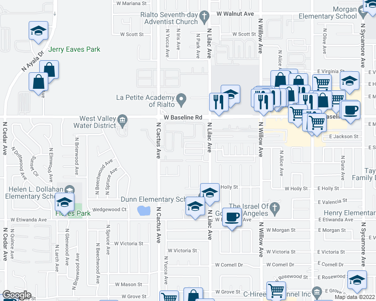 map of restaurants, bars, coffee shops, grocery stores, and more near 585 West Shamrock Street in Rialto