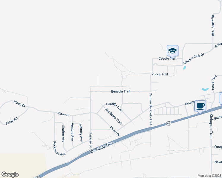 map of restaurants, bars, coffee shops, grocery stores, and more near 54638 Benecia Trail in Yucca Valley