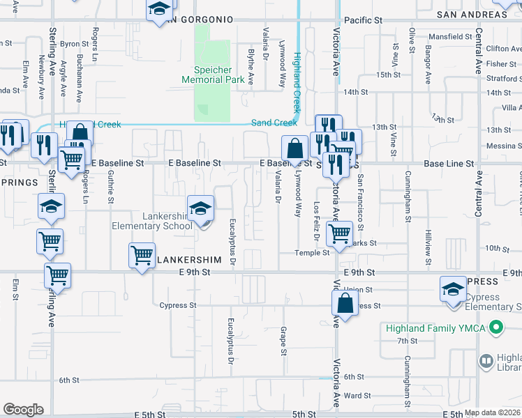 map of restaurants, bars, coffee shops, grocery stores, and more near 26297 East Baseline Street in Highland