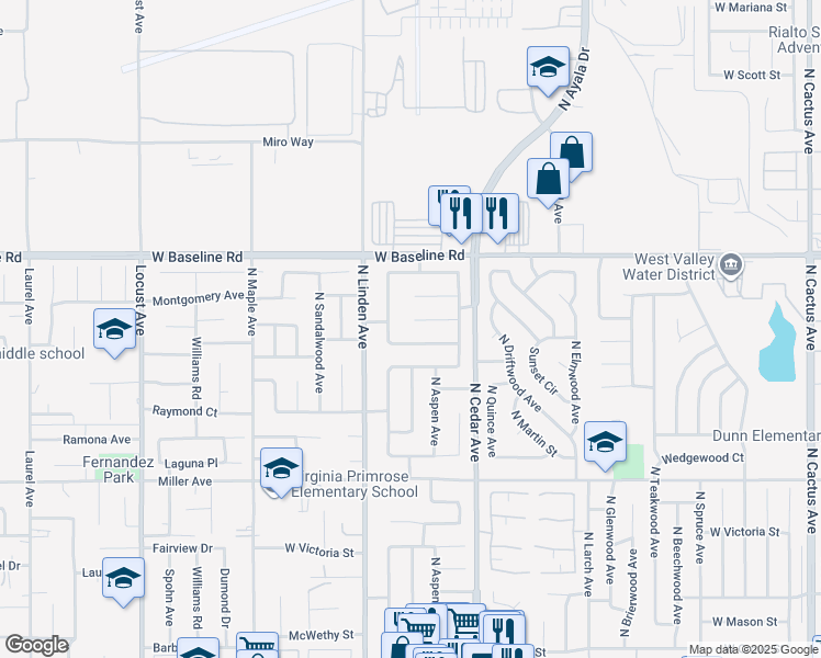 map of restaurants, bars, coffee shops, grocery stores, and more near 1407 West Shamrock Street in Rialto