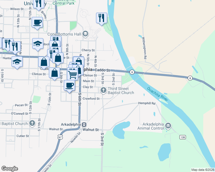 map of restaurants, bars, coffee shops, grocery stores, and more near 220 Clay Street in Arkadelphia