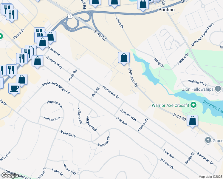 map of restaurants, bars, coffee shops, grocery stores, and more near 321 Burmaster Drive in Columbia