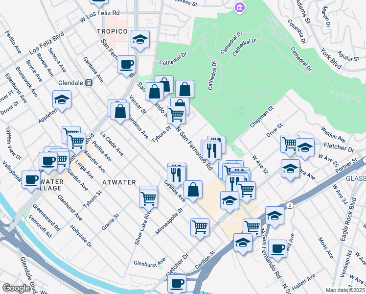 map of restaurants, bars, coffee shops, grocery stores, and more near 3410 North San Fernando Road in Los Angeles