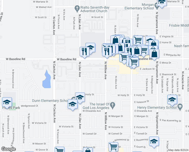 map of restaurants, bars, coffee shops, grocery stores, and more near 1073 North Vista Avenue in Rialto