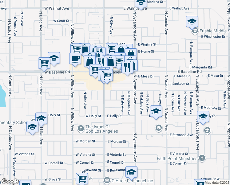 map of restaurants, bars, coffee shops, grocery stores, and more near 1072 North Fremontia Avenue in Rialto