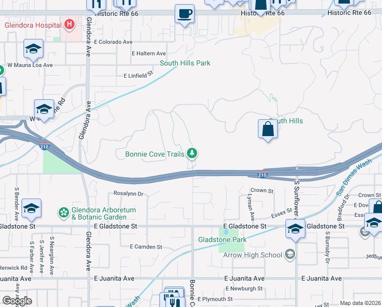 map of restaurants, bars, coffee shops, grocery stores, and more near 1201 Bonnie Cove Avenue in Glendora