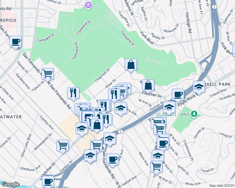 map of restaurants, bars, coffee shops, grocery stores, and more near 3302 Andrita Street in Los Angeles
