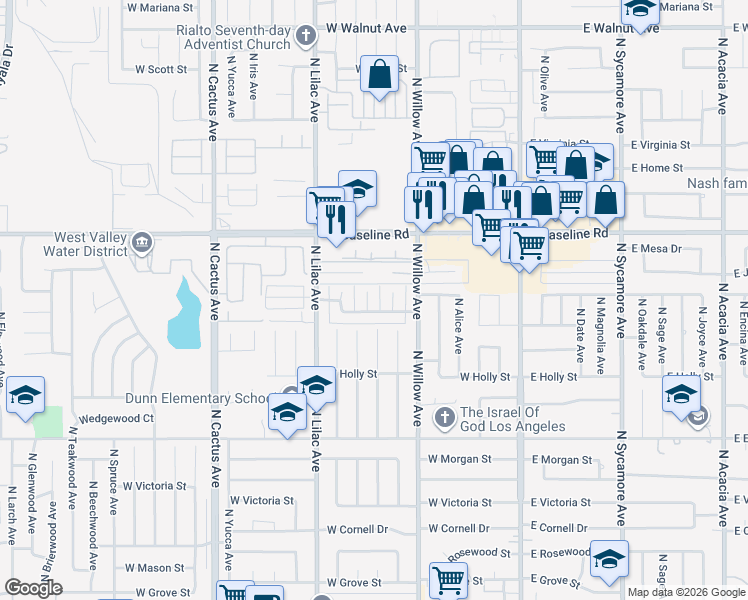 map of restaurants, bars, coffee shops, grocery stores, and more near 1073 North Vista Avenue in Rialto