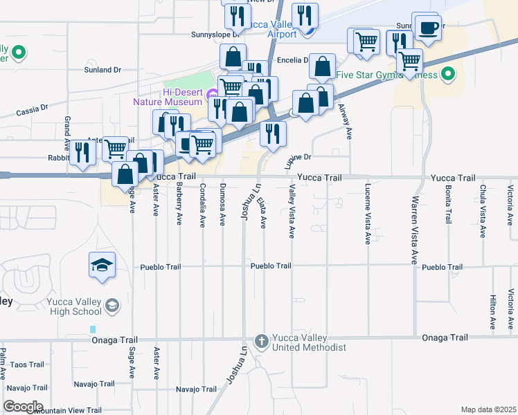 map of restaurants, bars, coffee shops, grocery stores, and more near 7384 Elata Avenue in Yucca Valley