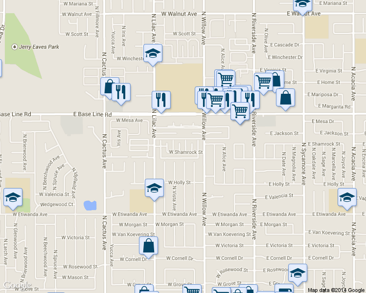 map of restaurants, bars, coffee shops, grocery stores, and more near 1073 North Vista Avenue in Rialto