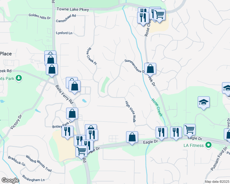 map of restaurants, bars, coffee shops, grocery stores, and more near 703 Kirkwood Circle in Woodstock