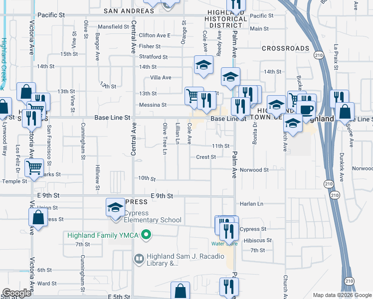 map of restaurants, bars, coffee shops, grocery stores, and more near 7426 Cole Ave in Highland