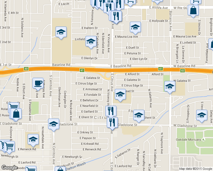 map of restaurants, bars, coffee shops, grocery stores, and more near 5839 North Viceroy Avenue in Azusa