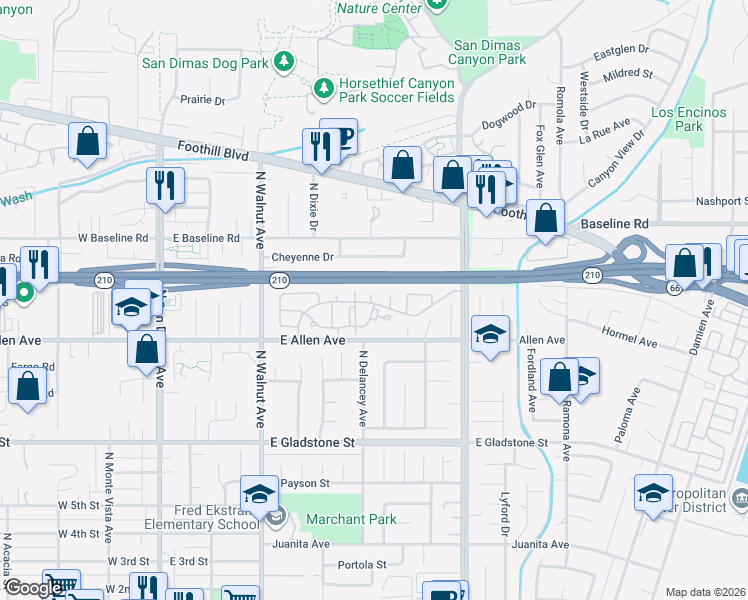 map of restaurants, bars, coffee shops, grocery stores, and more near 976 Malakoff Road in San Dimas