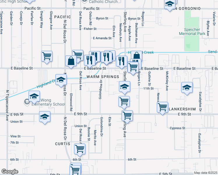 map of restaurants, bars, coffee shops, grocery stores, and more near 7435 Elm Street in San Bernardino