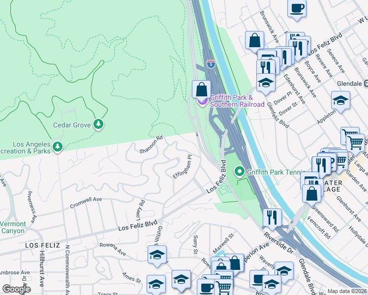 map of restaurants, bars, coffee shops, grocery stores, and more near 3647 Shannon Road in Los Angeles
