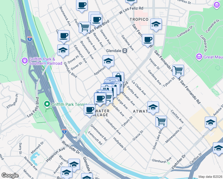map of restaurants, bars, coffee shops, grocery stores, and more near Brunswick Avenue in Los Angeles