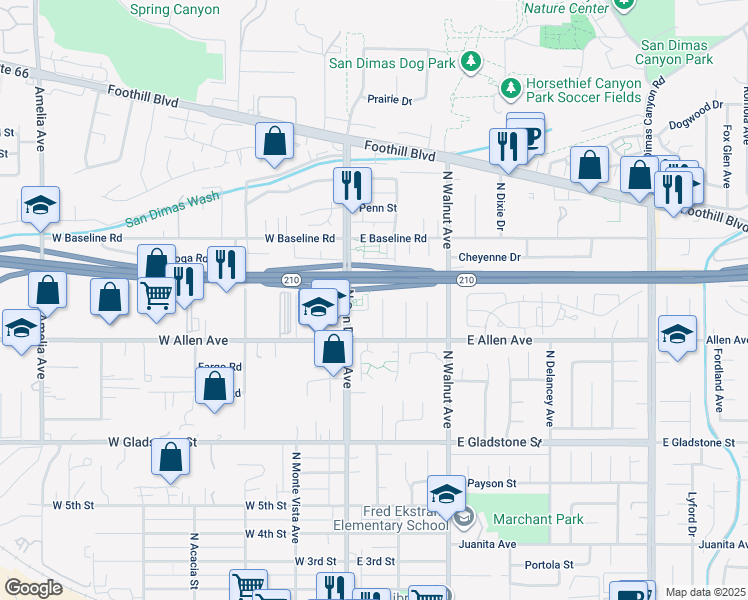 map of restaurants, bars, coffee shops, grocery stores, and more near 963 Sedona Court in San Dimas