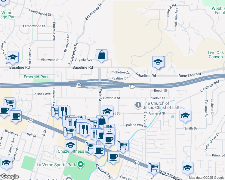 map of restaurants, bars, coffee shops, grocery stores, and more near 2873 Cedar Street in La Verne