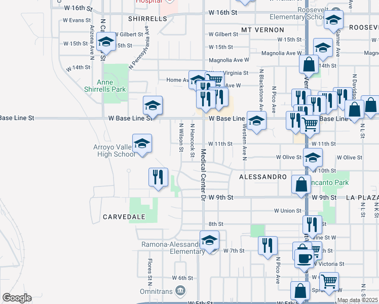 map of restaurants, bars, coffee shops, grocery stores, and more near 1074 North Hancock Street in San Bernardino