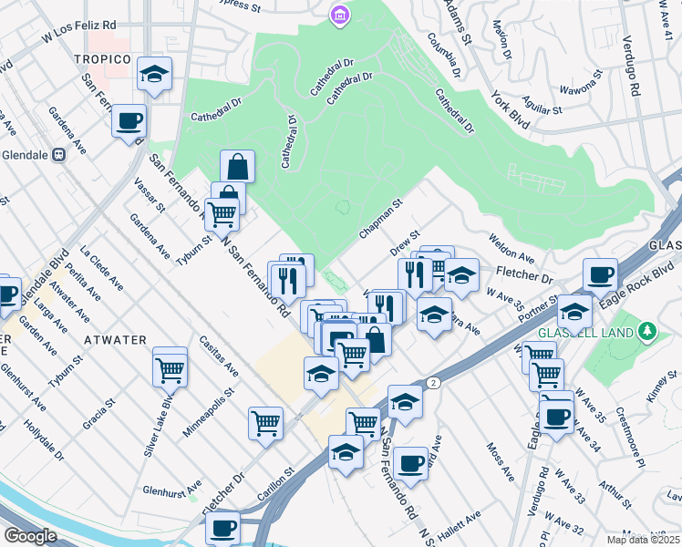 map of restaurants, bars, coffee shops, grocery stores, and more near 3135 Drew Street in Los Angeles