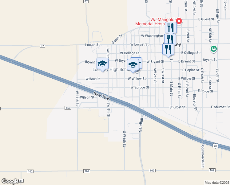 map of restaurants, bars, coffee shops, grocery stores, and more near 610 South West 7th Street in Lockney