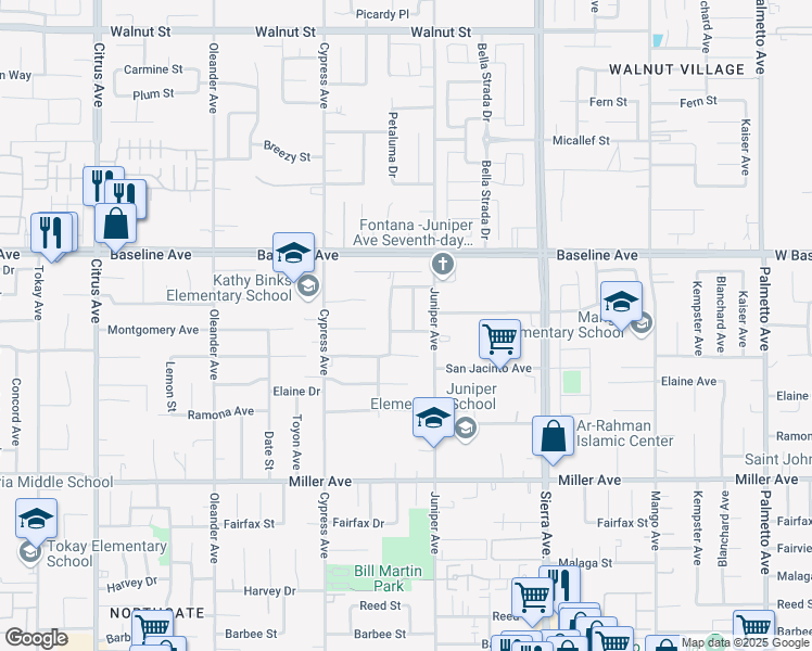 map of restaurants, bars, coffee shops, grocery stores, and more near 7430 Estero Way in Fontana