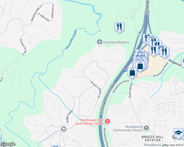 map of restaurants, bars, coffee shops, grocery stores, and more near 631 Overhill Drive in Woodstock