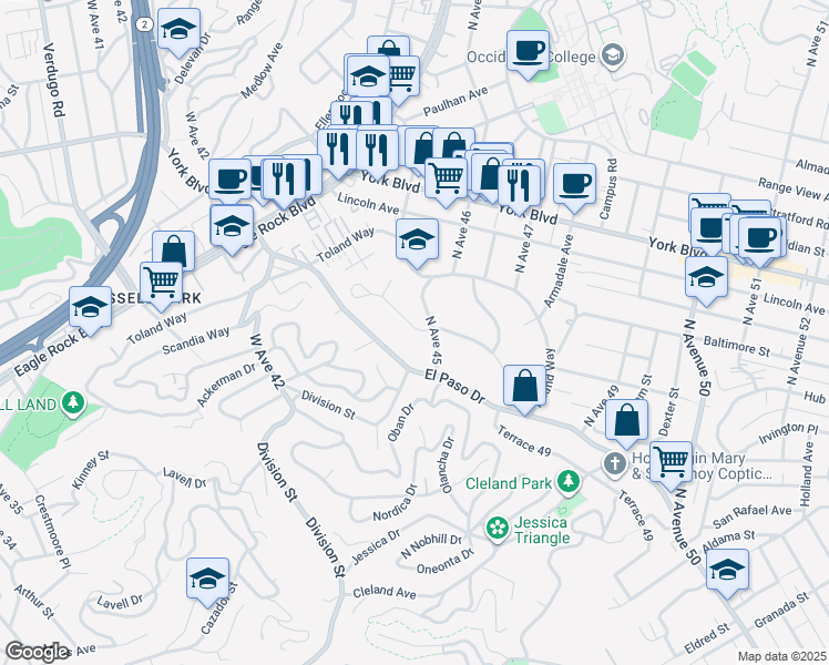 map of restaurants, bars, coffee shops, grocery stores, and more near 4480 Mont Eagle Place in Los Angeles