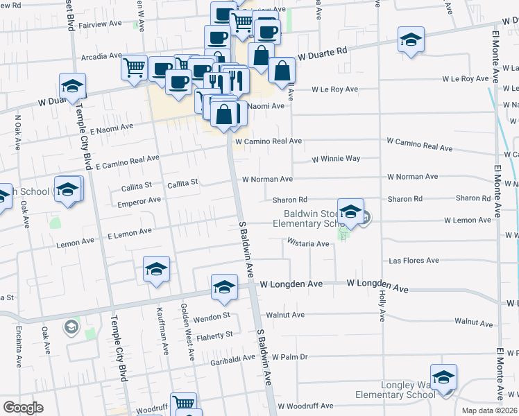 map of restaurants, bars, coffee shops, grocery stores, and more near 648 Sharon Road in Arcadia