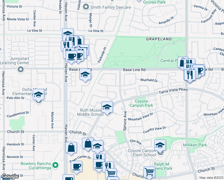 map of restaurants, bars, coffee shops, grocery stores, and more near 10830 Sundance Drive in Rancho Cucamonga