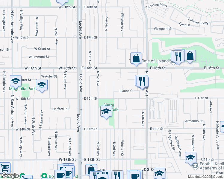 map of restaurants, bars, coffee shops, grocery stores, and more near 1529 North 3rd Avenue in Upland