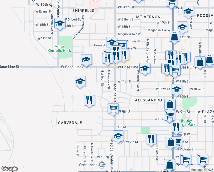 map of restaurants, bars, coffee shops, grocery stores, and more near 1074 North Hancock Street in San Bernardino