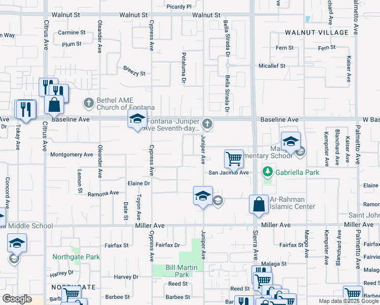 map of restaurants, bars, coffee shops, grocery stores, and more near 7430 Estero Way in Fontana