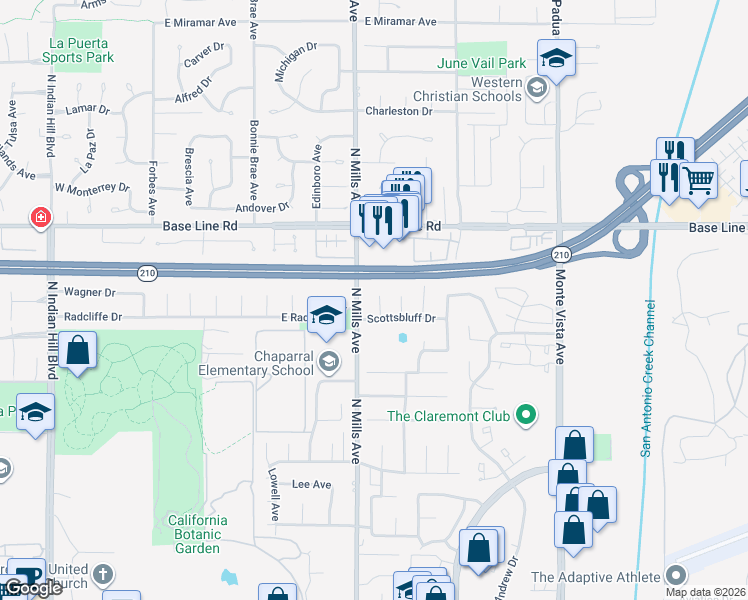 map of restaurants, bars, coffee shops, grocery stores, and more near 1947 Frostburg Circle in Claremont