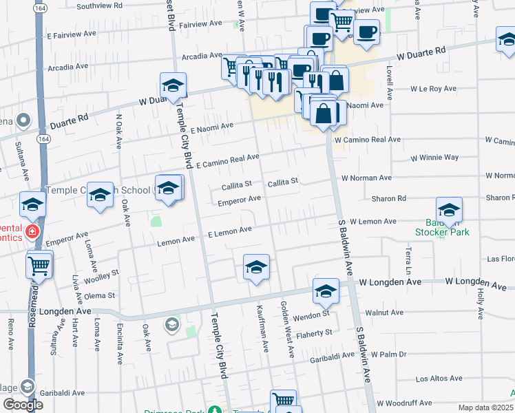 map of restaurants, bars, coffee shops, grocery stores, and more near 6530 Coralee Avenue in Arcadia