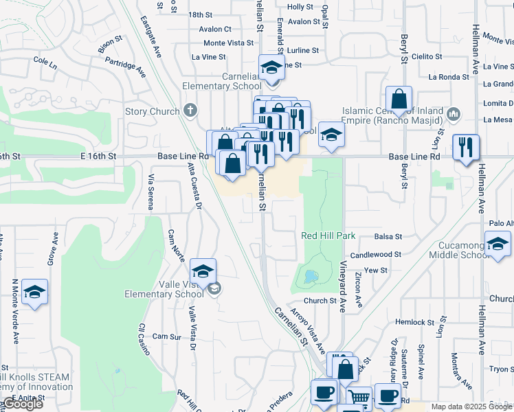 map of restaurants, bars, coffee shops, grocery stores, and more near 7440 Carnelian Street in Rancho Cucamonga