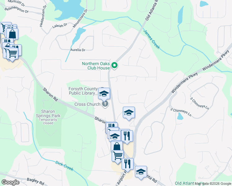 map of restaurants, bars, coffee shops, grocery stores, and more near 3805 Pennington Road in Cumming