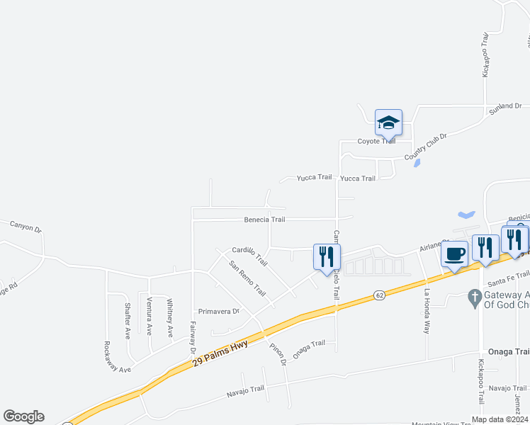 map of restaurants, bars, coffee shops, grocery stores, and more near 54698 Benecia Trail in Yucca Valley