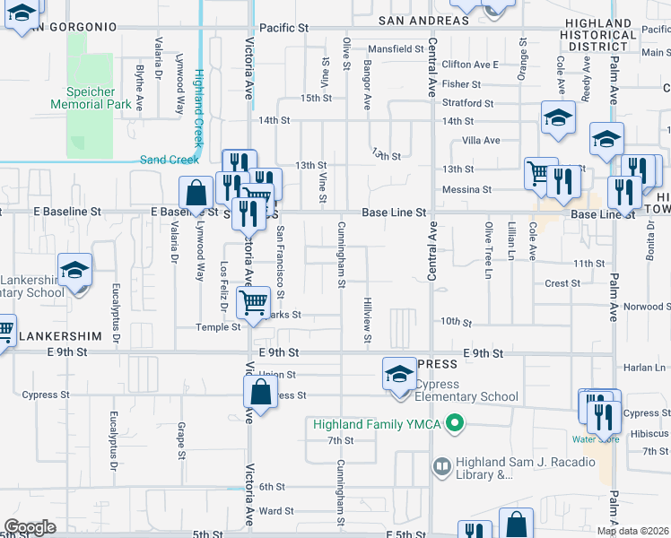 map of restaurants, bars, coffee shops, grocery stores, and more near 26687 Parker Street in Highland