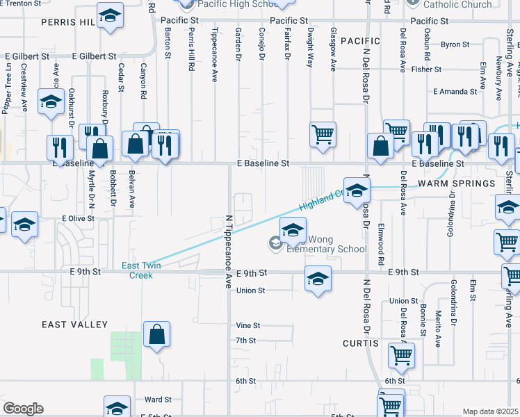 map of restaurants, bars, coffee shops, grocery stores, and more near 7426 Conejo Drive in San Bernardino