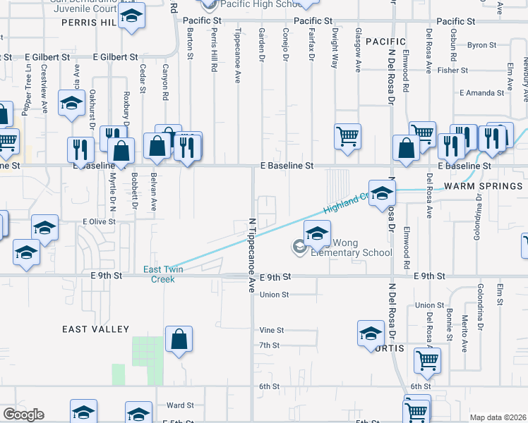map of restaurants, bars, coffee shops, grocery stores, and more near 1025 West Court in San Bernardino