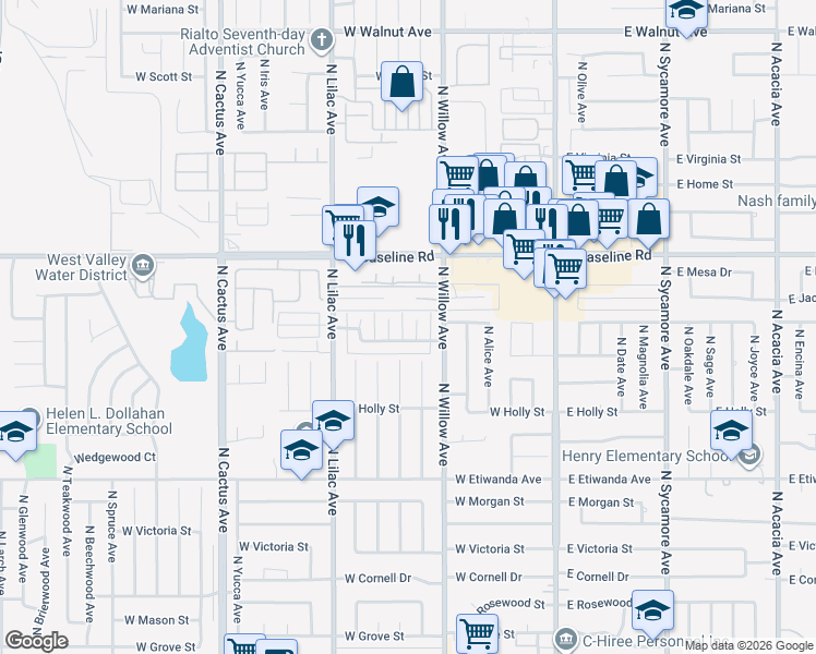 map of restaurants, bars, coffee shops, grocery stores, and more near 1073 North Vista Avenue in Rialto