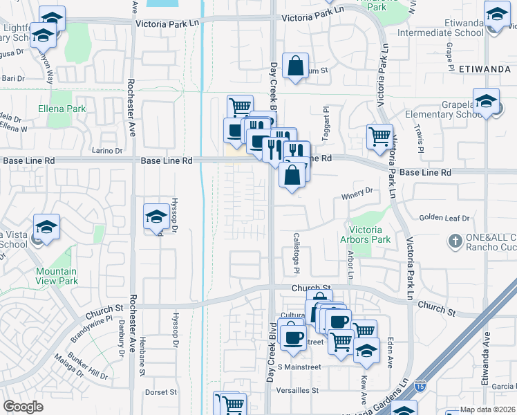 map of restaurants, bars, coffee shops, grocery stores, and more near 12326 Meritage Court in Rancho Cucamonga