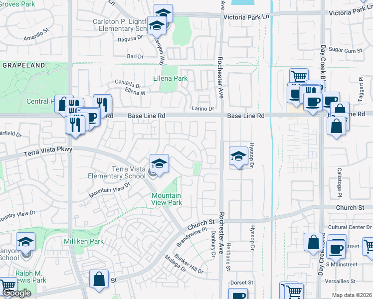 map of restaurants, bars, coffee shops, grocery stores, and more near 7436 Rutledge Court in Rancho Cucamonga